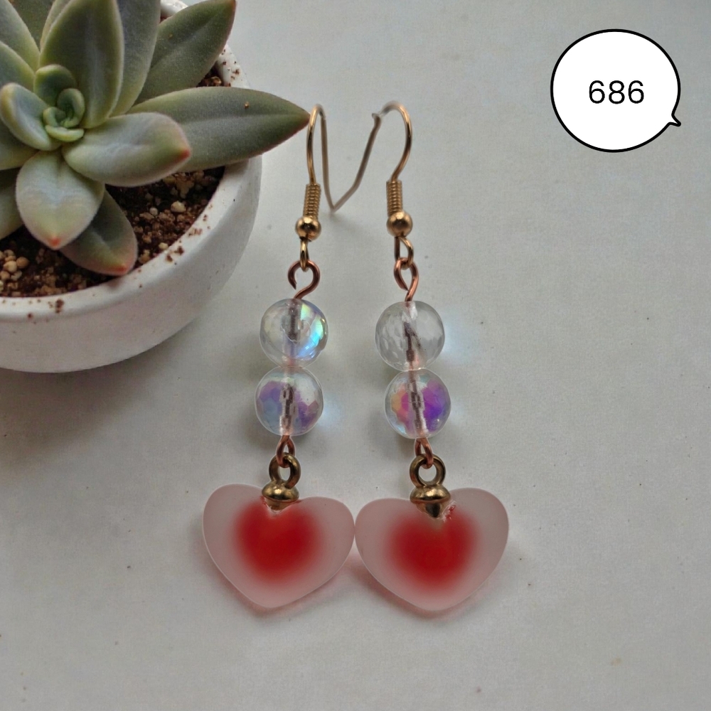 Red Heart Dangle Earrings with Iridescent Beads | Handmade Copper Wire Jewelry